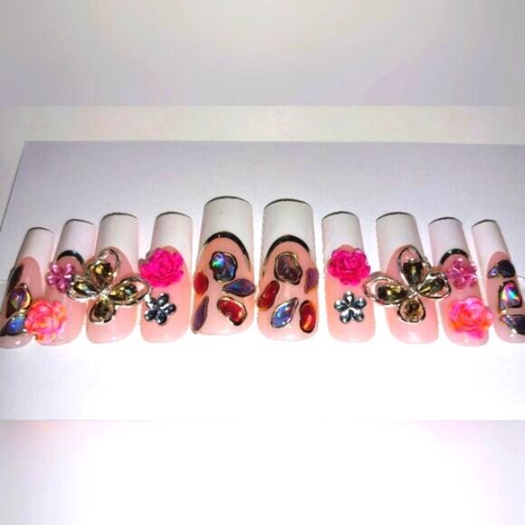 Hand crafted custom design 10pc french tip press on nails sz medium - Picture 1 of 6